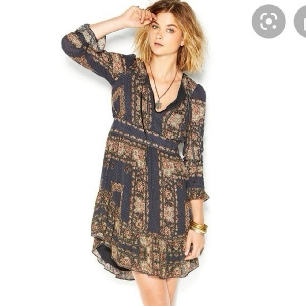 Free People Boho Floral Brown V-Neck Long Sleeve Dress